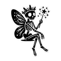 Silhouette of a skeleton fairy holding a magic wand, ideal for Halloween designs, fantasy art, and spooky illustrations.