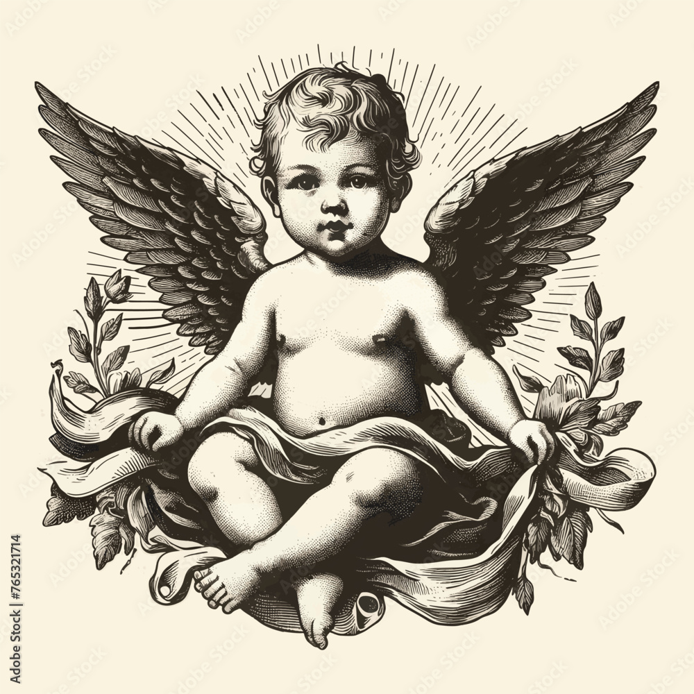 baby with wings old engraving vector style, baby vector illustration ...
