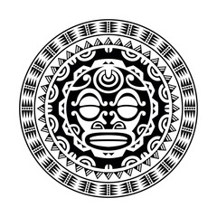 Wall Mural - Round tattoo ornament with sun face maori style. African, aztecs or mayan ethnic mask. Black and white.