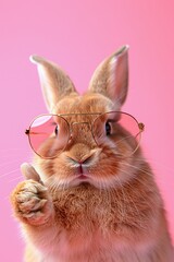 Wall Mural - Cool easter bunny rabbit wearing sunglasses, thumbs up on pastel background with copy space