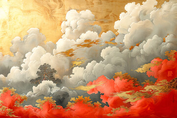 Wall Mural - National trend background with auspicious clouds and waves, Chinese traditional wave pattern concept illustration