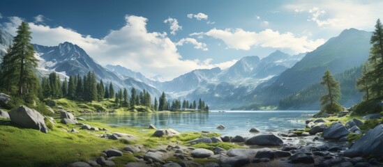 Wall Mural - A picturesque lake nestled in the mountains, encircled by lush trees under a clear blue sky, creating a stunning natural landscape perfect for travelers
