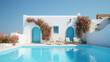 Traditional mediterranean house with white stucco wall with swimming pool. Summer vacation background. Generative AI