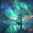 A sailboat traverses a sea lit by the ethereal glow of the aurora where fantasy and reality merge on waves of light