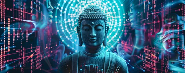 Zen Buddha statues line the streets of a cyberpunk city their calm an antidote to the surrounding digital matrix frenzy