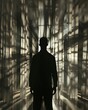Capture the complexity of free will in a rear view image featuring a silhouette casting multiple shadows in diverging directions Play with light and shadow to create a visually striking representation