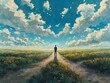 Delve into the illusion of free will with a rear view perspective Show a figure standing at a crossroads, facing different paths, symbolizing choices Enhance the sense of contemplation and uncertainty
