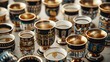 Design a captivating aerial view of cups inspired by ancient Egyptian civilization Incorporate hieroglyphic motifs and gold accents for a luxurious feel Make it regal and timeless