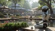 Illustrate a serene park setting where people relax alongside their robot companions, engaging in activities like yoga, reading, and playing music Capture the peaceful coexistence between nature, tech