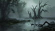 The swamp shrouded in eternal mist from which skeletal trees stretched out. Generative Ai