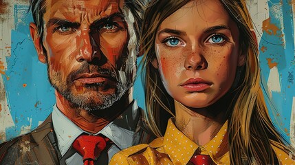 Wall Mural - Pop art-style close-up showing a father and daughter, with clashing colors that hint at underlying conflict