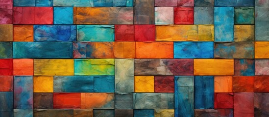 Poster - A close up of a creative arts painting featuring squares in shades of azure, electric blue, and brown. The rectangles create a symmetrical pattern on the building material wall