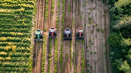 Wall Mural - Drone view of automated tractors working in harmony on a smart farm.