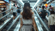 Corporate woman from back wearing miniskirt on escalator crowded with people on the way to work.
