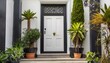 white front door, front door of a house adorned potted plants. Front door, black front door