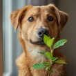 Earthloving dog with a sapling, celebrating Earth Day, soft earth tones, morning , vibrant