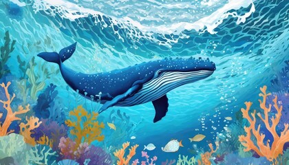 a giant blue whale swimming in a deep beautiful blue ocean reef at an island with fishes seaweed and corals turquoise water color 16 9 4k background wallpaper
