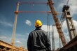 © free - back view of construction worker engineer wearing hat and safety suit at construction site