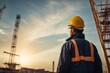 © free - back view of construction worker engineer wearing hat and safety suit at construction site