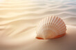 An exquisite seashell rests upon the golden sands of a tranquil beach, captured in stunning detail 