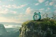 A detailed photograph showcasing an alarm clock on a picturesque natural scene, the high-definition lens emphasizing the coexistence of precise timekeeping and the timeless beauty of nature. 