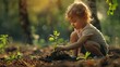 The child carefully plants the young plant in the soil. Earth Day.