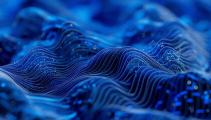 Poster - Futuristic digital wave energy flow in blue abstract background, A blue wave with a lot of dots on it. The dots are scattered all over the wave, giving it a very abstract and futuristic look