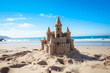 A simple sandcastle stands proudly on the sandy shores of the beach on a sunny day