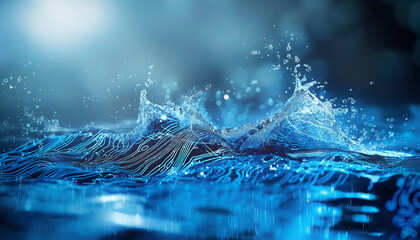 Futuristic digital wave energy flow in blue abstract background, A wave in the ocean with a blue and white background. The wave is made up of many small dots, giving it a digital appearance
