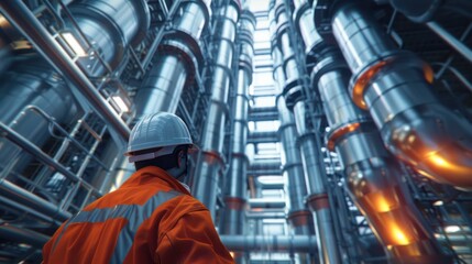 Wall Mural - close-up of industrial pipes of oil refinery, back of engineer, technician, reading drawing, drawing, industrial engineering, blueprint, industrial background.