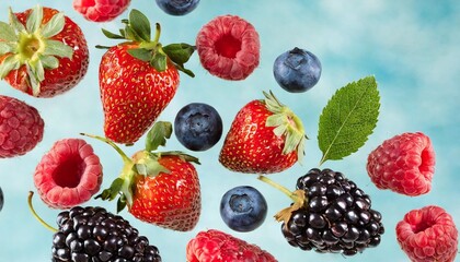 Wall Mural - many different fresh berries falling on light blue background