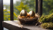 Golden eggs in nest. AI generated image, ai. golden eggs in a bird nest representing finincial freedom and security..