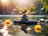 Fototapeta  - Bird and Balanced stones stack in water with reflection. AI generated image, ai. Balanced stones stack in water.