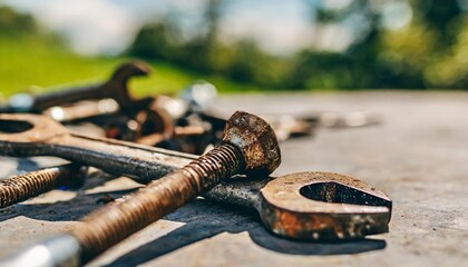 Wall Mural - heavy screw grungy rusted wrenches dirty screwdriver object industrial hardware set mechanic tools engineering equipment car auto repair shop with copy space blurred background mechanical service