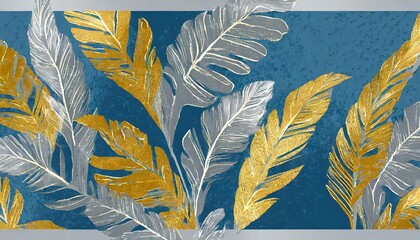 Wall Mural - canvas poster with grey gold tropical leaves on blue background in wallpaper style by