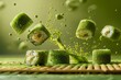 Exquisite Matcha Green Tea Dessert Pieces Levitating with Dynamic Splash Against Green Background