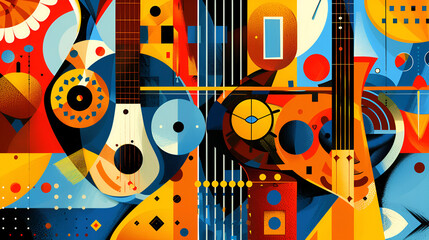 Wall Mural - World Jazz Day, Violin Flat Pop Art Painting Illustration On Wall, Generative Ai
