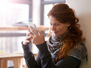 Poster - Woman, smartphone and social media for online chat, reading post or download with subscription and internet. Contact, communication and mobile app with using phone and scroll website, blog or ebook,