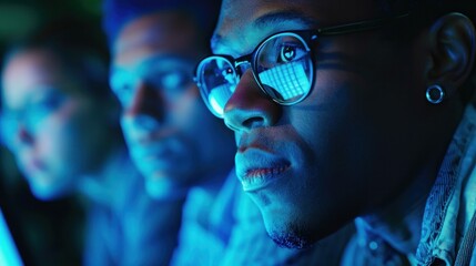 Poster - Cybersecurity team in high-tech control room monitoring network systems. Blue LED light creates futuristic atmosphere emphasizing importance of endpoint security.