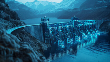 Renewable energy hydroelectric dam engineering in a scenic river landscape in blue digital futuristic style,A blue and white city with a bridge,A futuristic cityscape with a bridge and a waterway