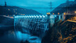Renewable energy hydroelectric dam engineering in a scenic river landscape in blue digital futuristic style,A blue and white city with a bridge,A futuristic cityscape with a bridge and a waterway