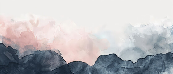 Wall Mural - A painting of mountains with a blue sky and pink clouds