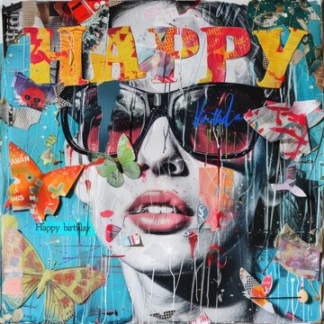 Joyous birthday collage, featuring heartfelt text happy birthday, vibrant celebration capturing special moments and cherished memories, personalized tribute to mark occasion with love and happiness.