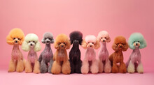 A Group Of Adorable Poodle Dogs With Different Hair Colors, Each Dog Is Standing In Front Of The Camera And Looking At It, They All Have Their Fur Dyed To Various Pastel Shades Like Pink, Green, Blue,