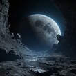 View of the moon in the night sky from a rugged mountain cave.