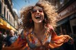 Vibrant young woman exuding joy and authenticity, casually dressed on a sunny city street, conveying a refreshing sense of freedom and spontaneity