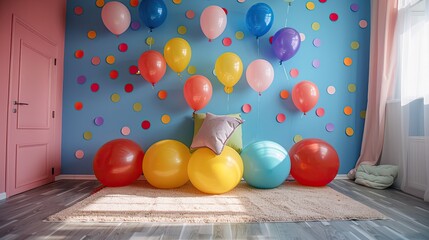 Wall Mural - party festive birthday photo zone with colorful balloons 