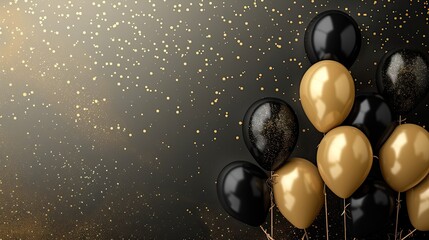 Wall Mural - Glittering Celebrations: Beige, Black, and Gold Balloons for Weddings, Anniversaries, and More! Space for Text.