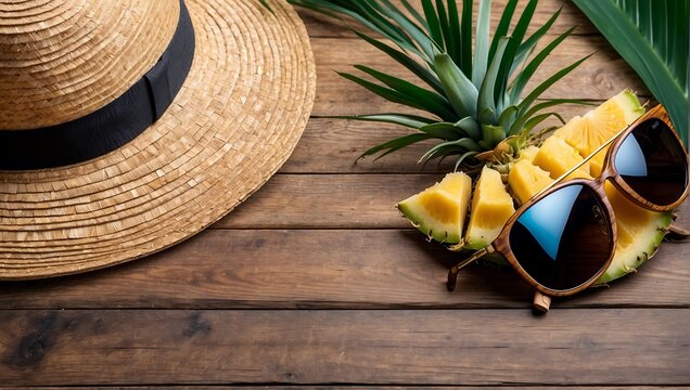 Summer holiday vacation travel tropical sea banner panoramic greeting card - straw hat, pineapple sunglasses and palm tree leaves, on wooden table, wooden texture background. AI generated