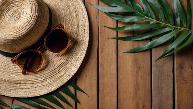 Summer holiday vacation travel tropical sea banner panoramic greeting card - straw hat, pineapple sunglasses and palm tree leaves, on wooden table, wooden texture background. AI generated